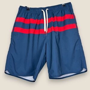 Fair Harbor Swim Trunks Shorts Men Medium Blue Red Stripe Lined Bathing Suit